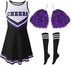 Valcatch Girls Cheerleading Uniform Outfit Halloween Cheerleader Clothes Sets with Pom pom and Tube Socks for 3-12Y