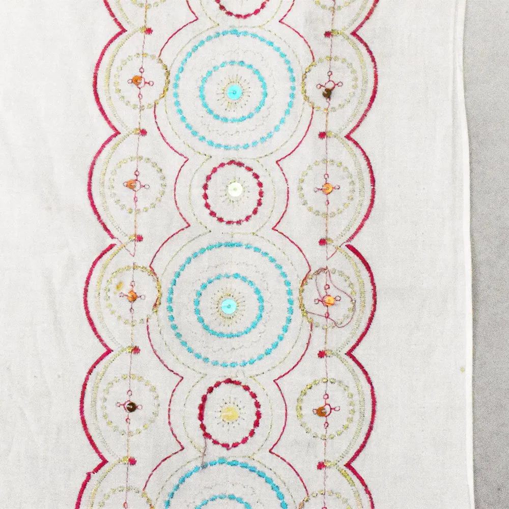 White-Pink-Multi Circle Sequin Metallic Embroidery Cotton Lawn Woven Fabric