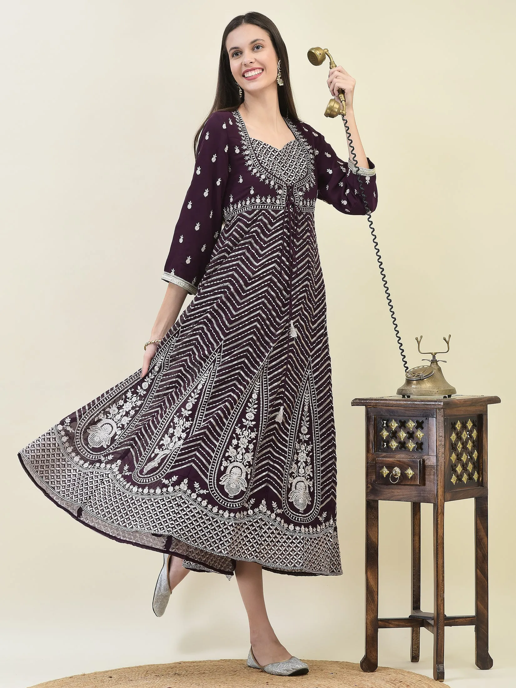 Women Georgette Purple Embroidered Dress