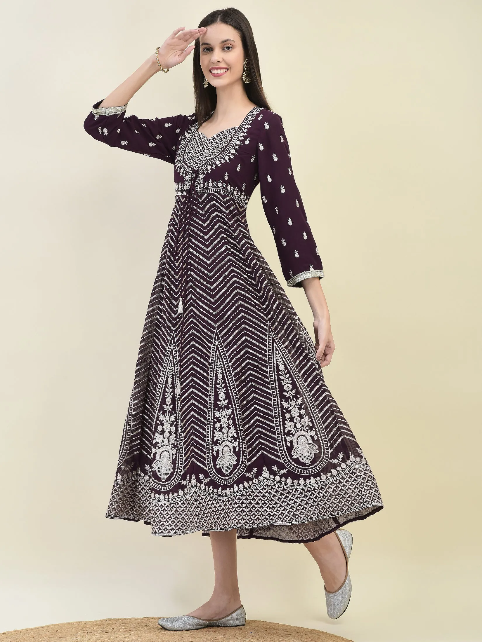 Women Georgette Purple Embroidered Dress