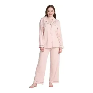 Women Pink Pyjamas Set Knit Lounge Bottom Pants and Long Sleeve Button Top