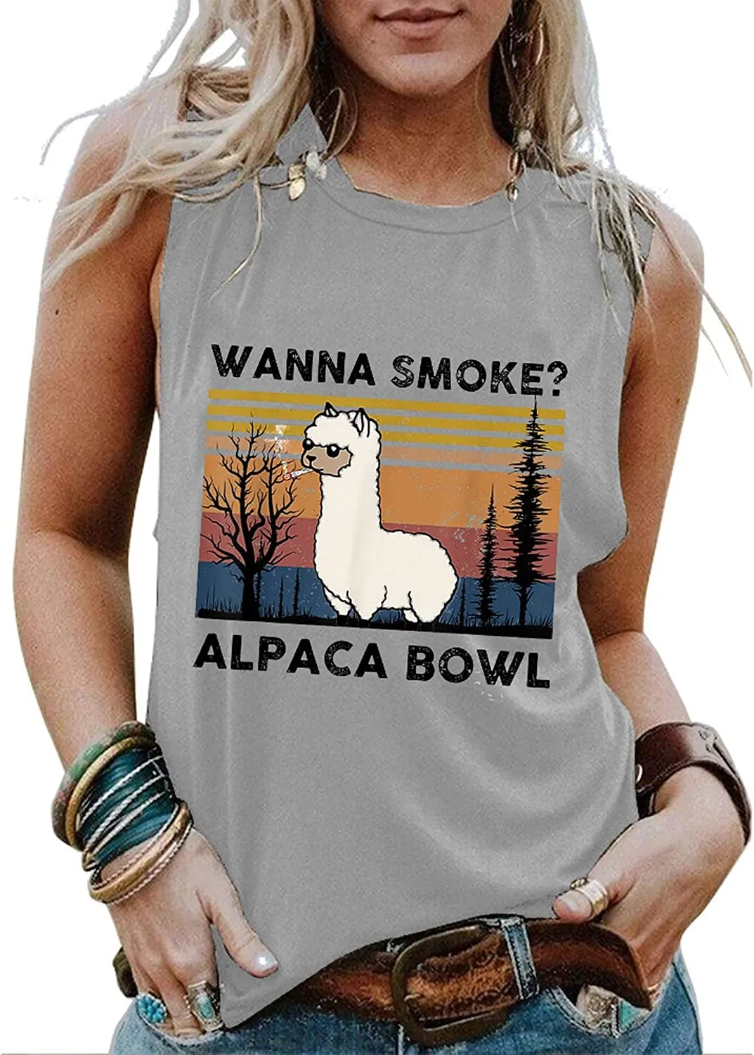 Women Wanna Smoke Alpaca Bowl Tank Tops Vintage Alpaca Bowl Graphic Shirt