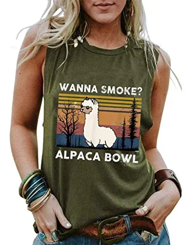 Women Wanna Smoke Alpaca Bowl Tank Tops Vintage Alpaca Bowl Graphic Shirt