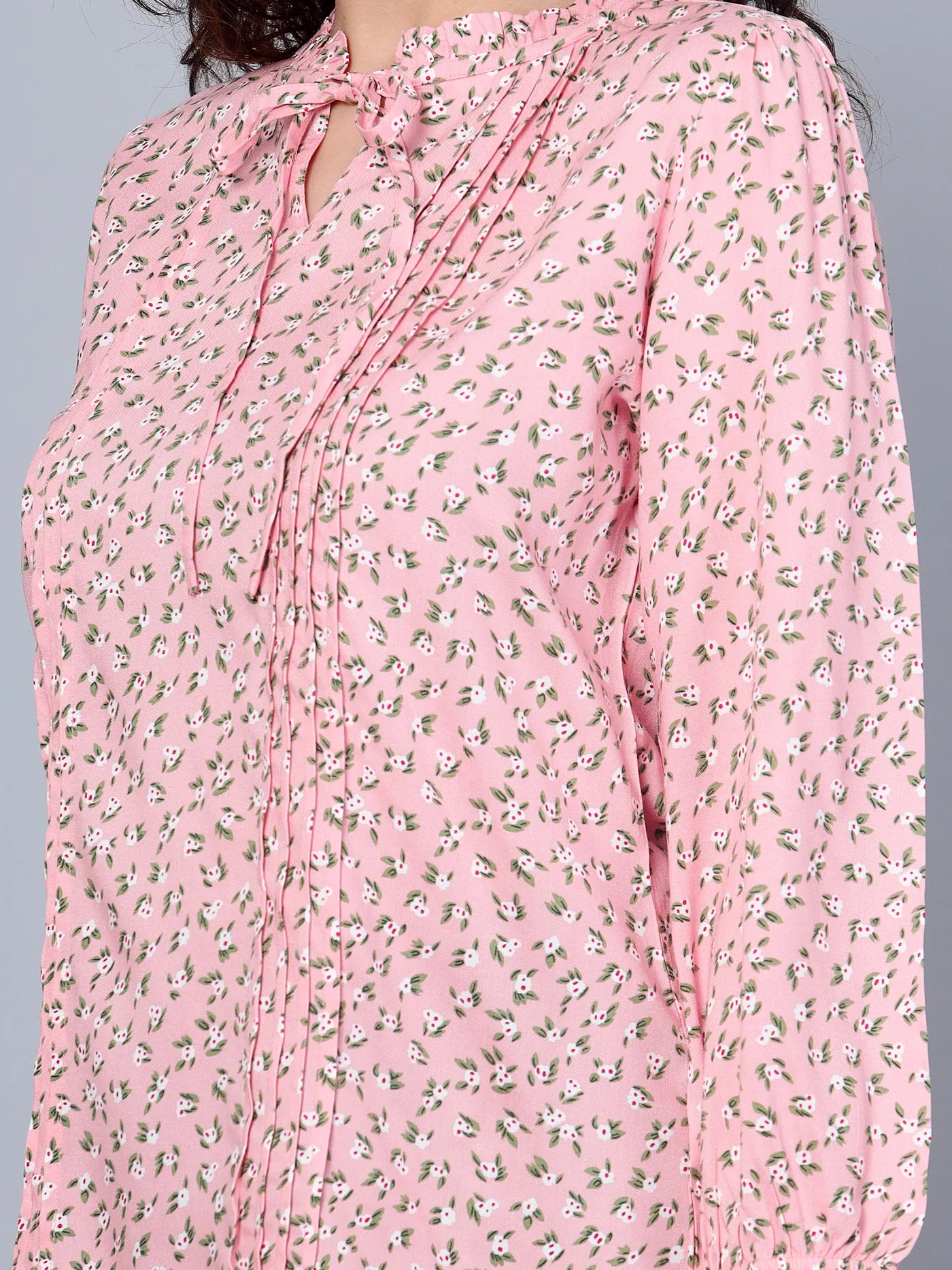 Women's Casual  Pink Floral Print Mandarin Collar with tie  Top