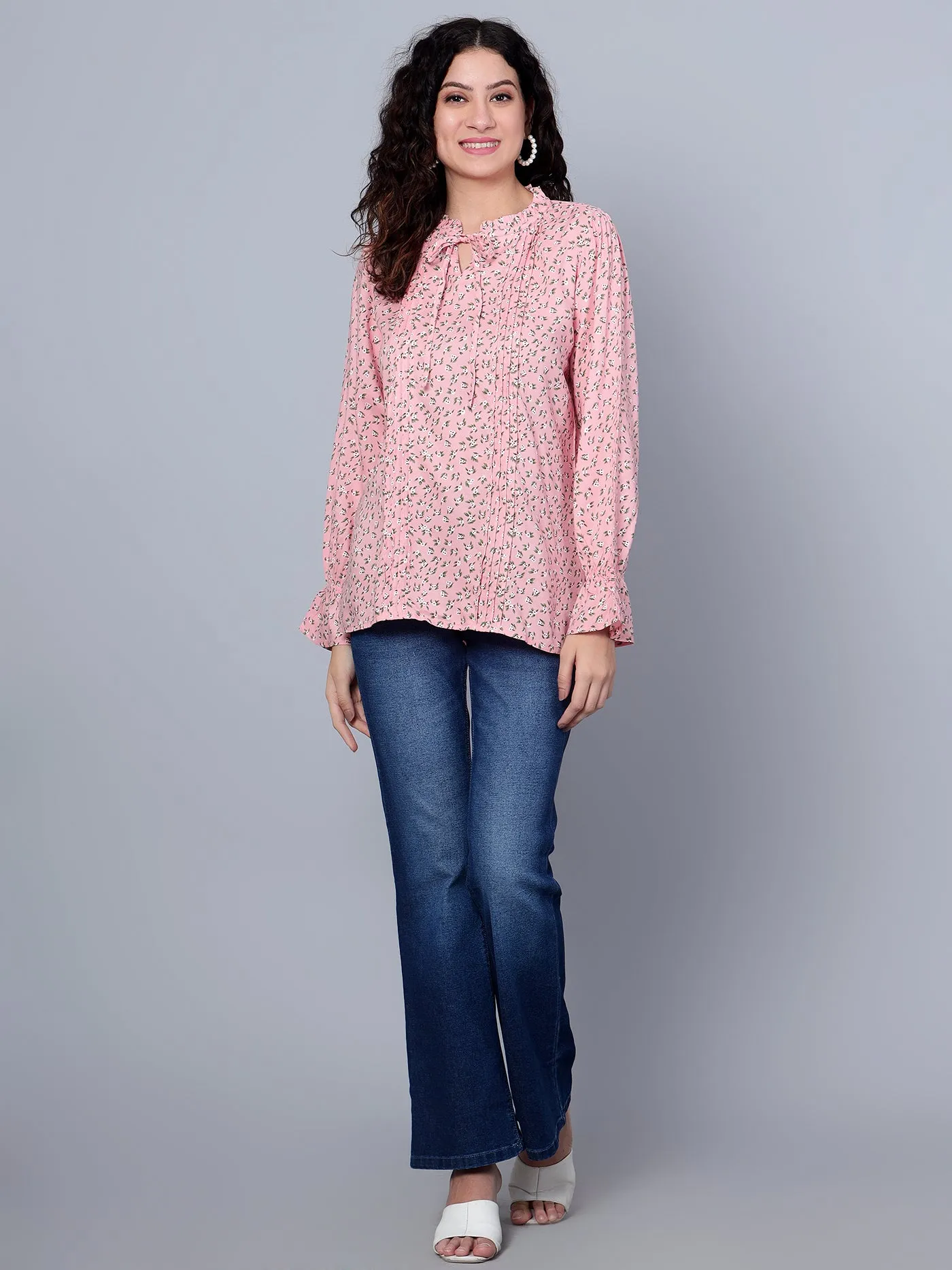 Women's Casual  Pink Floral Print Mandarin Collar with tie  Top