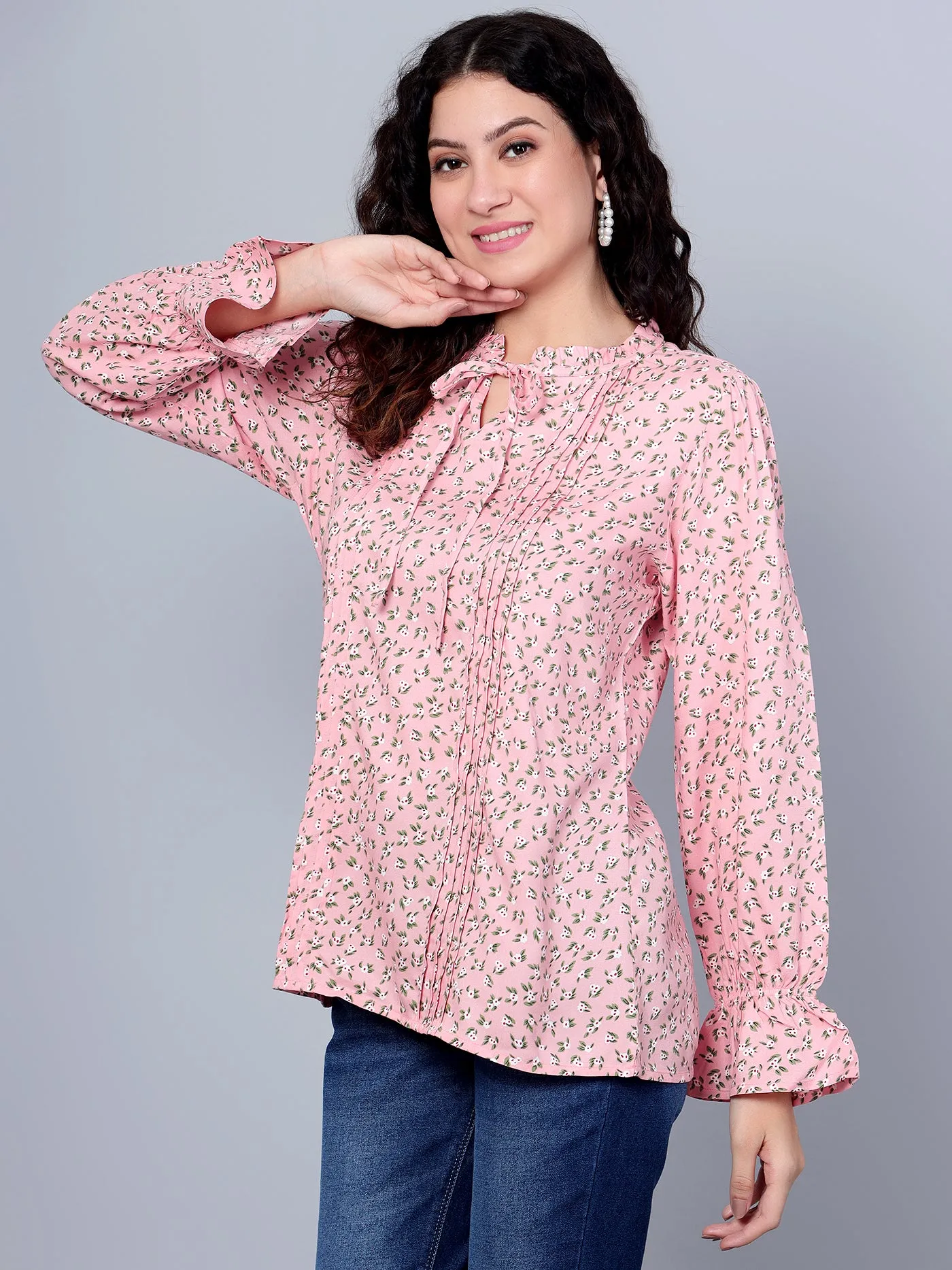 Women's Casual  Pink Floral Print Mandarin Collar with tie  Top