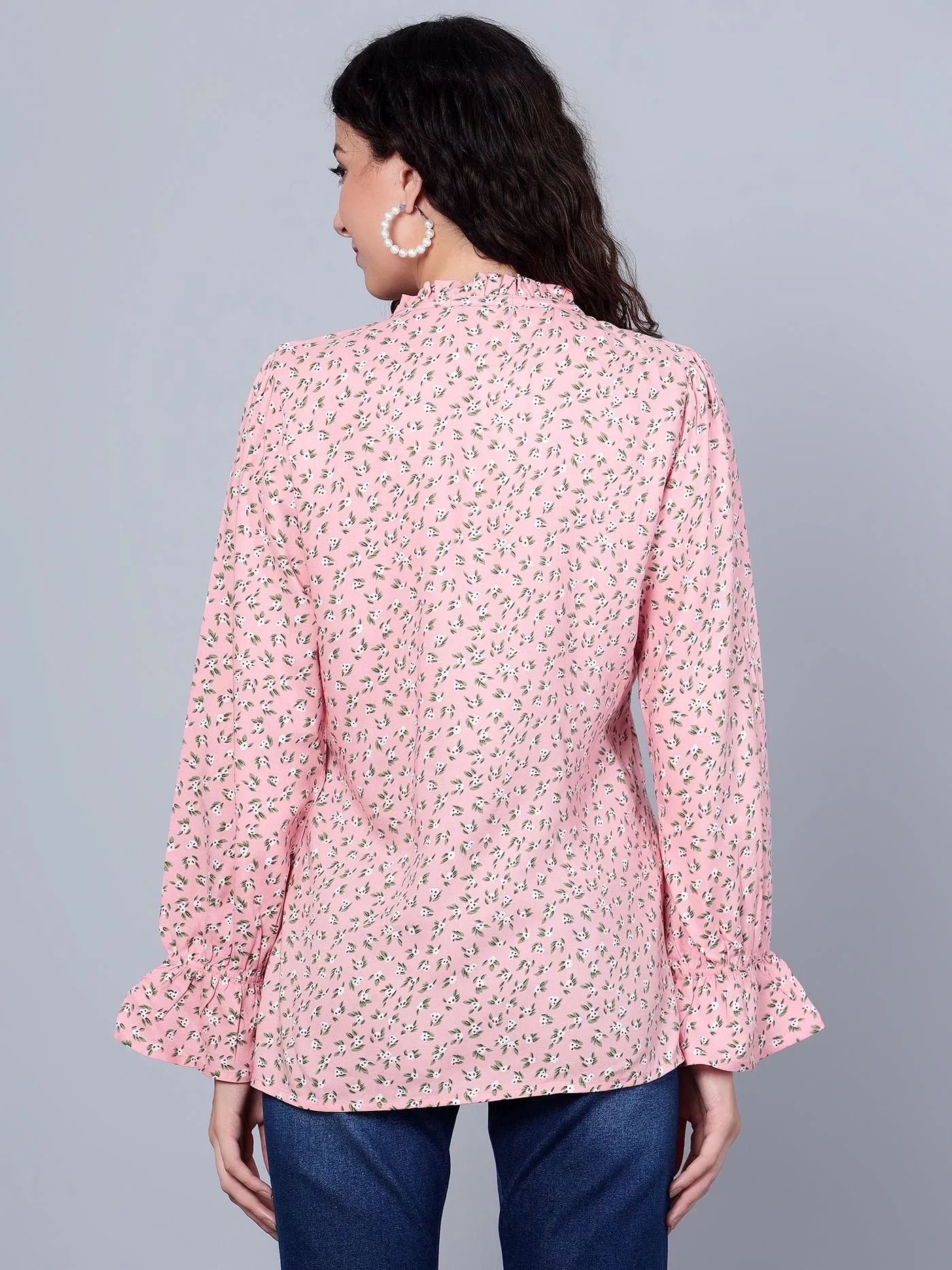 Women's Casual  Pink Floral Print Mandarin Collar with tie  Top