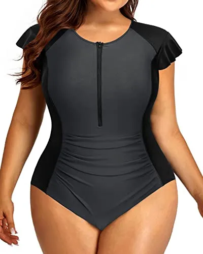 Women's Plus Size Tummy Control Bathing Suits Cap Sleeves One Piece Swimsuit