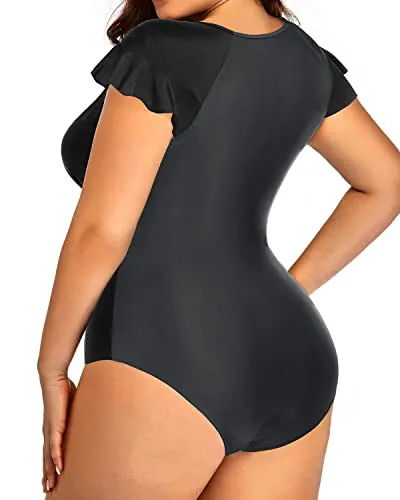 Women's Plus Size Tummy Control Bathing Suits Cap Sleeves One Piece Swimsuit