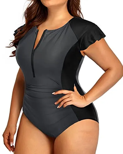 Women's Plus Size Tummy Control Bathing Suits Cap Sleeves One Piece Swimsuit